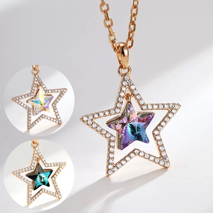 ネックレス レディース スワロフスキー 星 ダブルスター 紫 青 オーロラ Aurora&Oasis オーロラ＆オアシス